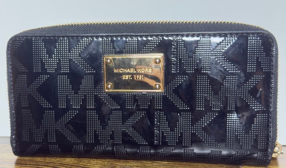 Michael Kors Black MK Monogram Zip Around Wallet Gold Hardware